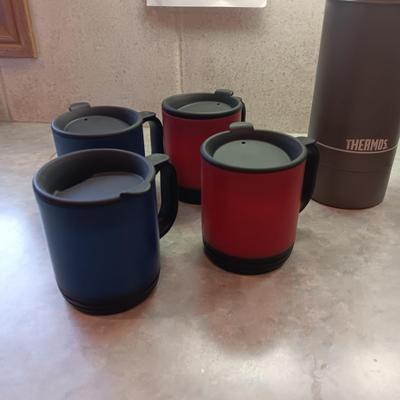 TRAVEL CUPS AND A LARGE THERMOS