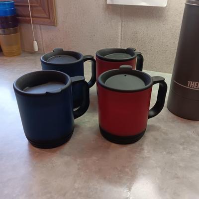 TRAVEL CUPS AND A LARGE THERMOS