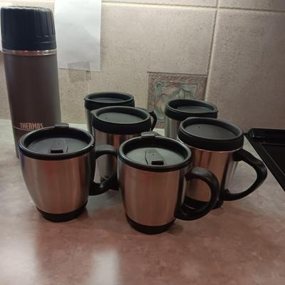 TRAVEL CUPS AND A LARGE THERMOS