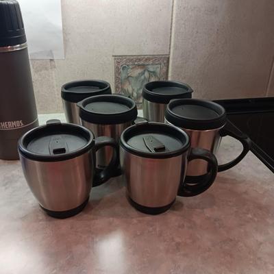 TRAVEL CUPS AND A LARGE THERMOS