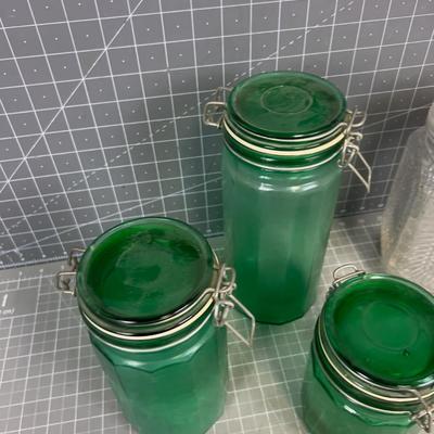 Glass Jars with Lids (4) 3 Green 1 Clear