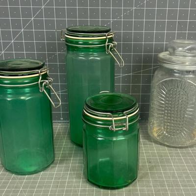 Glass Jars with Lids (4) 3 Green 1 Clear