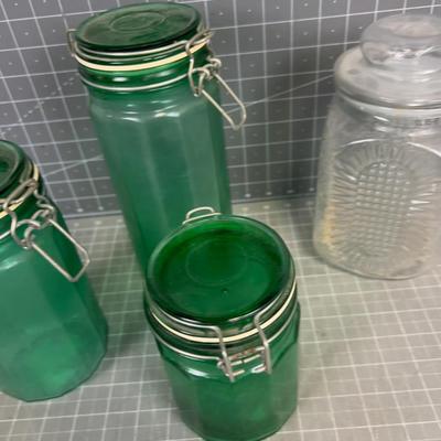 Glass Jars with Lids (4) 3 Green 1 Clear