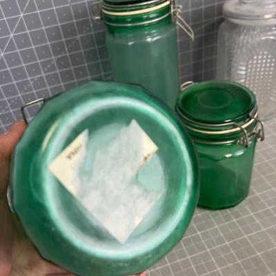 Glass Jars with Lids (4) 3 Green 1 Clear