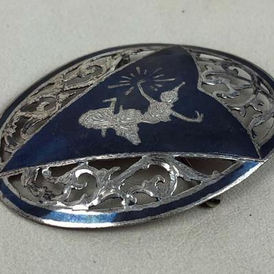 vintage exotic SIAM STERLING SILVER BLACK NIELLO GODDESS BROOCH 1930s