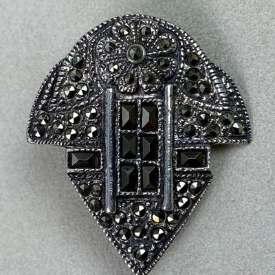 art deco STERLING & MARCASITE PIN signed M O
