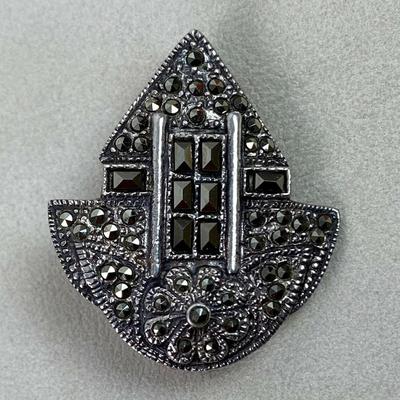 art deco STERLING & MARCASITE PIN signed M O