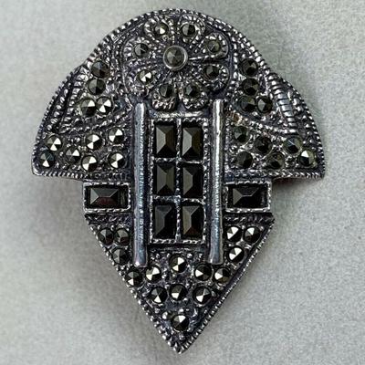 art deco STERLING & MARCASITE PIN signed M O