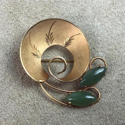 mid century modern signed JADE & GOLD FILLED PIN BROOCH