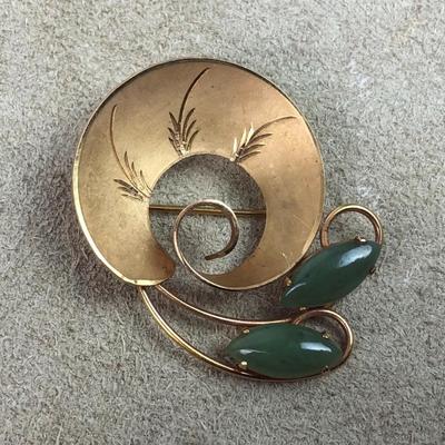 mid century modern signed JADE & GOLD FILLED PIN BROOCH