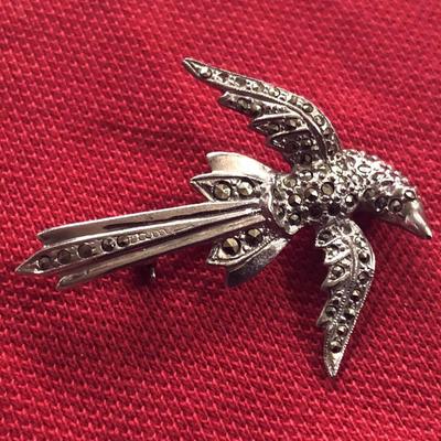 art deco STERLING & MARCASITE SWALLOW PIN