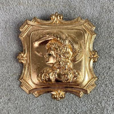 Antique Embossed Gold tone Victorian Lady Brooch 