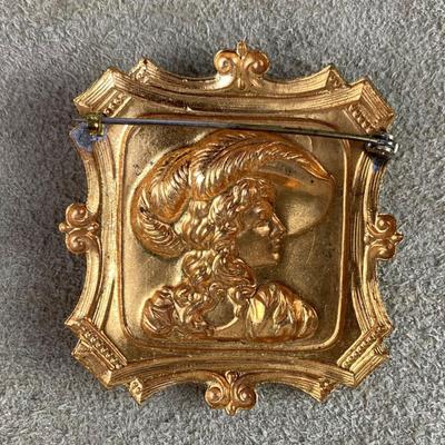 Antique Embossed Gold tone Victorian Lady Brooch 