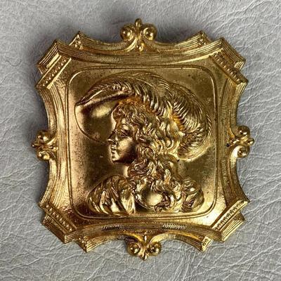 Antique Embossed Gold tone Victorian Lady Brooch 