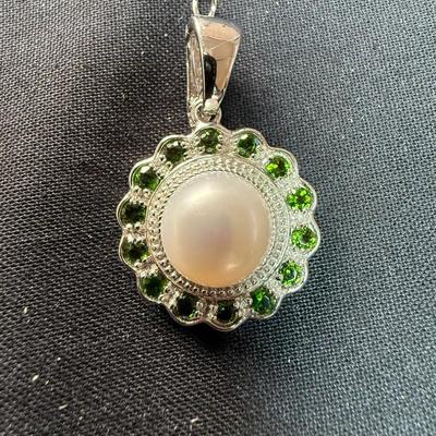 White Cultured Freshwater Pearl With Chrome Diopside Rhodium Over Sterling Silver Enhancer