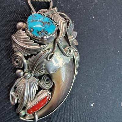 JT STERLING TURQUOISE RED CORAL BEAR CLAW PENDANT