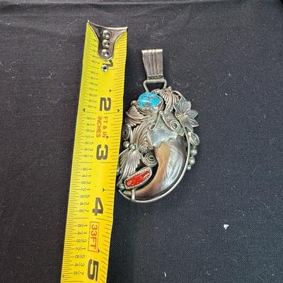 JT STERLING TURQUOISE RED CORAL BEAR CLAW PENDANT