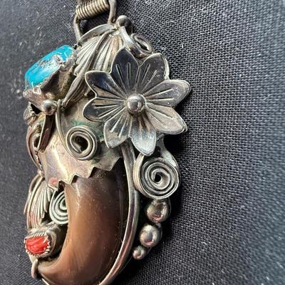 JT STERLING TURQUOISE RED CORAL BEAR CLAW PENDANT