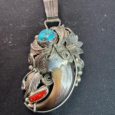 JT STERLING TURQUOISE RED CORAL BEAR CLAW PENDANT