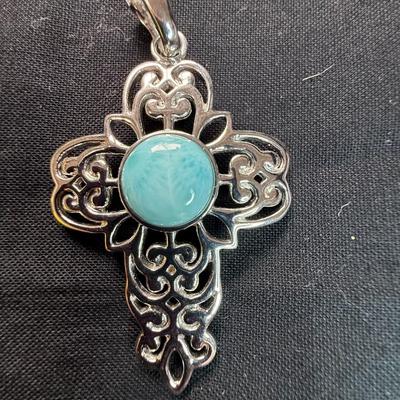 BBJ Sterling Silver & Larimar Scroll Design Cross Pendant