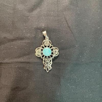 BBJ Sterling Silver & Larimar Scroll Design Cross Pendant