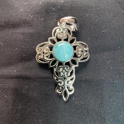 BBJ Sterling Silver & Larimar Scroll Design Cross Pendant