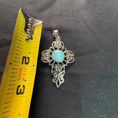 BBJ Sterling Silver & Larimar Scroll Design Cross Pendant