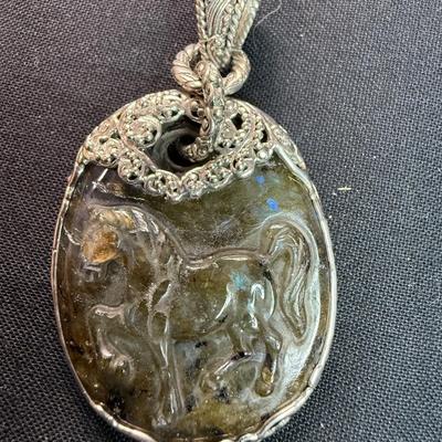 SARDA Indonesia Labradorite Gemstone Carved HORSE Ornate Sterling 925 Pendant