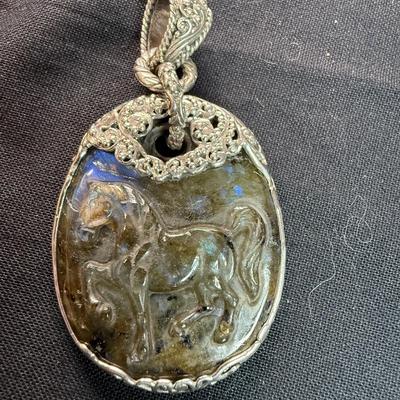 SARDA Indonesia Labradorite Gemstone Carved HORSE Ornate Sterling 925 Pendant