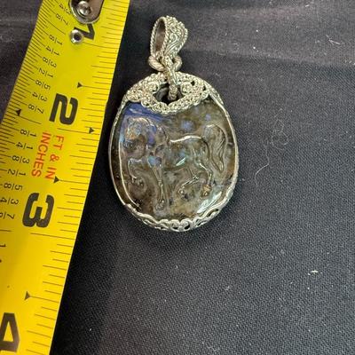 SARDA Indonesia Labradorite Gemstone Carved HORSE Ornate Sterling 925 Pendant