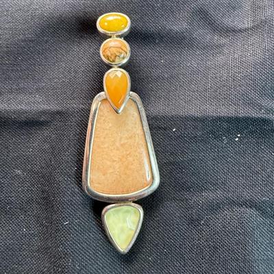 Vintage Designer Whitney Kelly Multi Gem Sterling Silver Pendant, Jasper, Carnelian, Peach Aventurine