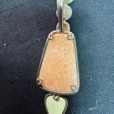 Vintage Designer Whitney Kelly Multi Gem Sterling Silver Pendant, Jasper, Carnelian, Peach Aventurine