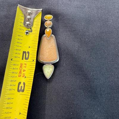 Vintage Designer Whitney Kelly Multi Gem Sterling Silver Pendant, Jasper, Carnelian, Peach Aventurine