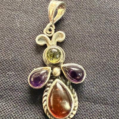 Jay King Mine Finds Coral VHTF Amber Peridot & Amethyst Bug  Pendant