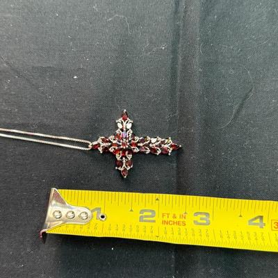 Marcasite, Silver And Garnet Cross And Chain