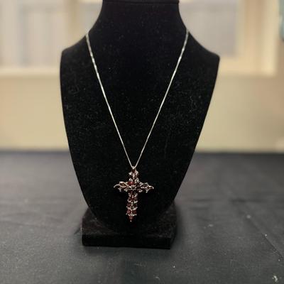 Marcasite, Silver And Garnet Cross And Chain