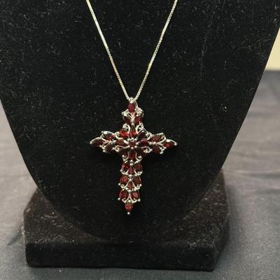 Marcasite, Silver And Garnet Cross And Chain