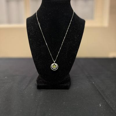 Necklace Sterling Silver 925 Circle In Circle Design With Green And Clear stones