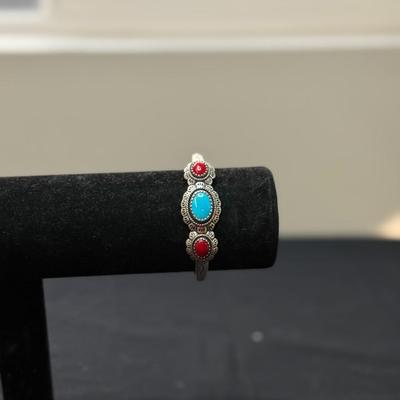 Navajo silver turquoise/coral curved row cuff bracelet