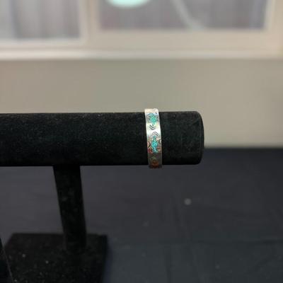 Native American Inlay Cuff Bangle Bracelet Sterling Silver