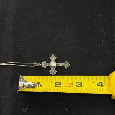 Sterling Silver 925 Marcasite + Mother-of-pearl Cross Pendant necklace