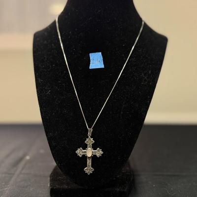 Sterling Silver 925 Marcasite + Mother-of-pearl Cross Pendant necklace