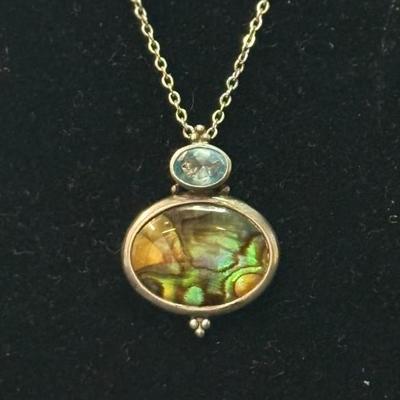 Vintage Paua Abalone Shell Blue Topaz Sterling Silver Necklace