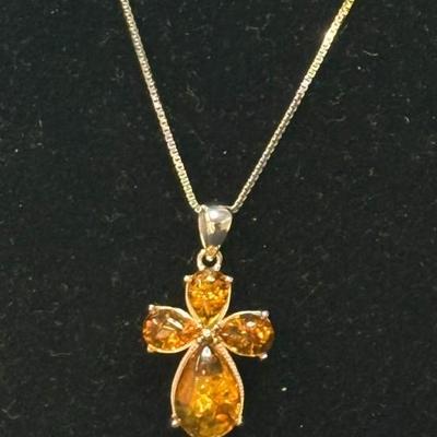 925 TRIPLE STRAND CITRINE CROSS NECKLACE