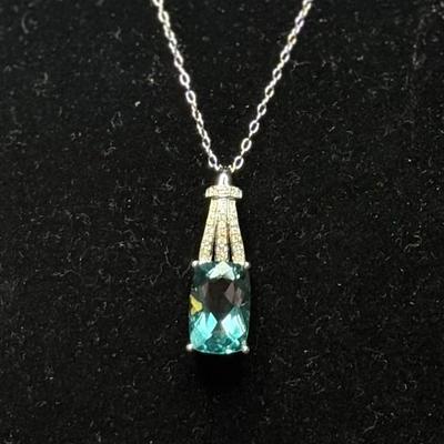 Rectangular teal fluorite w/ white zirconia necklace