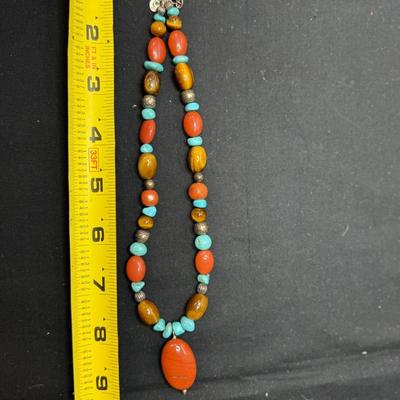 Signed Carol Pollack Y Turquoise Tigers Eye Carnelian SterlingNecklace 