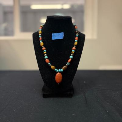 Signed Carol Pollack Y Turquoise Tigers Eye Carnelian SterlingNecklace 