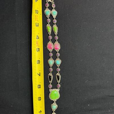 (Rare) Southwestern Sterling Silver Necklace Green Blue Turquoise Onyx Pink Purple