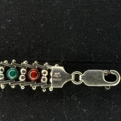 Milor Italy Multicolor Round Gemstone Link 925 Sterling Silver Bracelet 