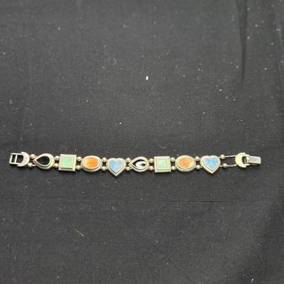 Sterling Silver Lapis Heart Spiny Oyster Onyx Stone Slide Bead Charm Bracelet